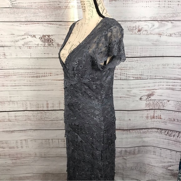 Marina Dress Short sleeve gray deep v-neck lace dressy formal midi dress - Picture 3 of 8